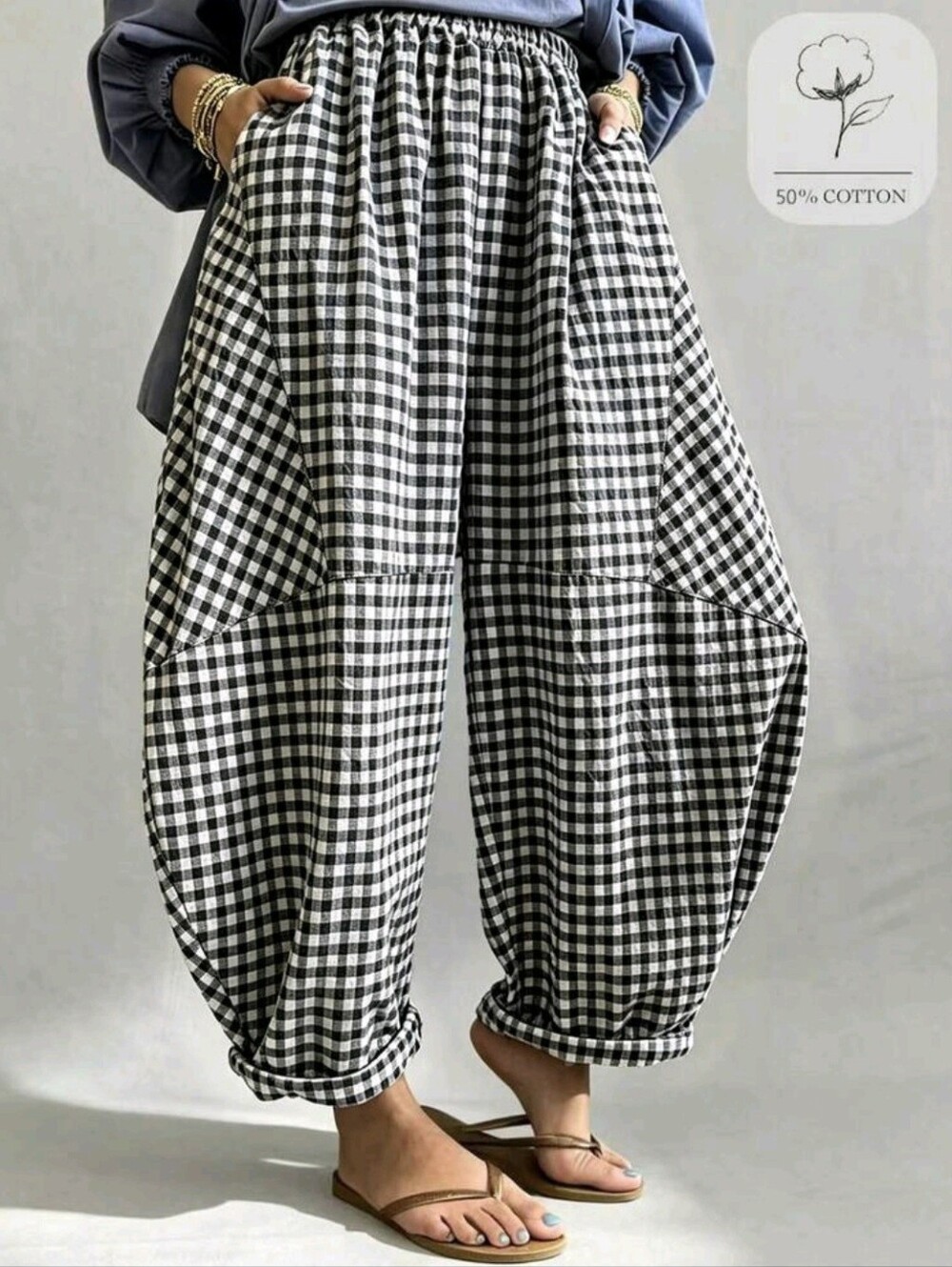 Retro Plaid Loose Lantern Balloon Pants, Cropped Length, Cotton Textured Bubble